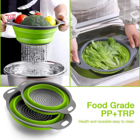 Eco-friendly silicone fruit and vegetable cleaning basket, collapsible colander for easy washing, food-grade materials.