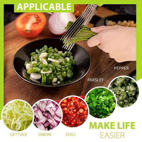 Person cutting fresh herbs and vegetables including parsley, lettuce, and onion in a bowl with scissors, promoting ease of food preparation.