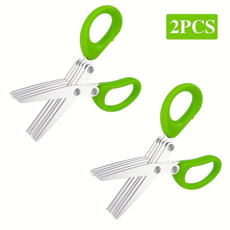 Durable stainless steel kitchen scissors set of 2 with ambidextrous green handles, perfect for food contact and versatile use.