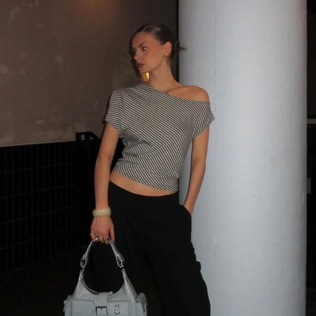 Striped Inclined Collar Crop Top Women | by Anwer Fancy | Worldwide Shipping