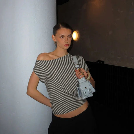 Striped Inclined Collar Crop Top Women | by Anwer Fancy | Worldwide Shipping