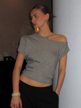 Striped Inclined Collar Crop Top Women | by Anwer Fancy | Worldwide Shipping