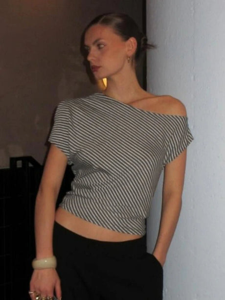 Striped Inclined Collar Crop Top Women | by Anwer Fancy | Worldwide Shipping