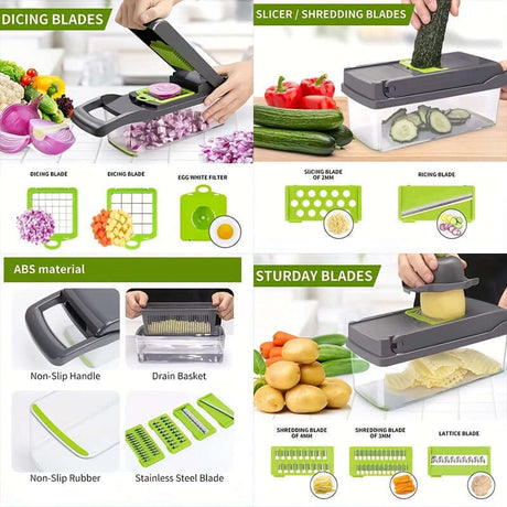 Image of GOF vegetable chopper set featuring various dicing blades, slicer, and sturdy handle with ABS material.