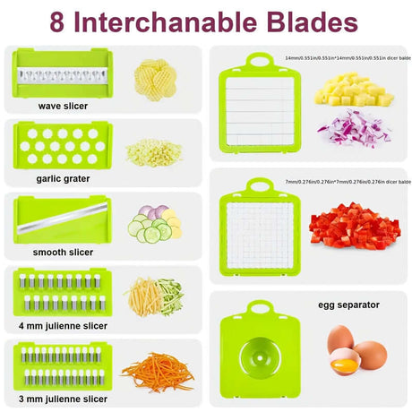 8 interchangeable blades for vegetable chopper, including wave slicer, garlic grater, and egg separator.