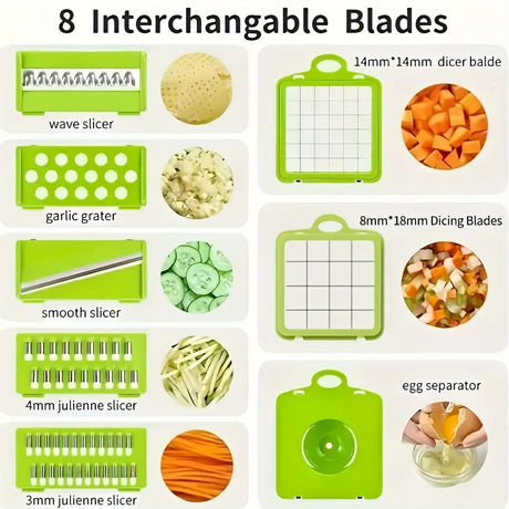 8 interchangeable blades for vegetable chopper, including wave, smooth, and julienne slicers, garlic grater, and egg separator.