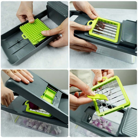 Hands using the upgraded 15pcs vegetable chopper set with interchangeable blades for easy food preparation.
