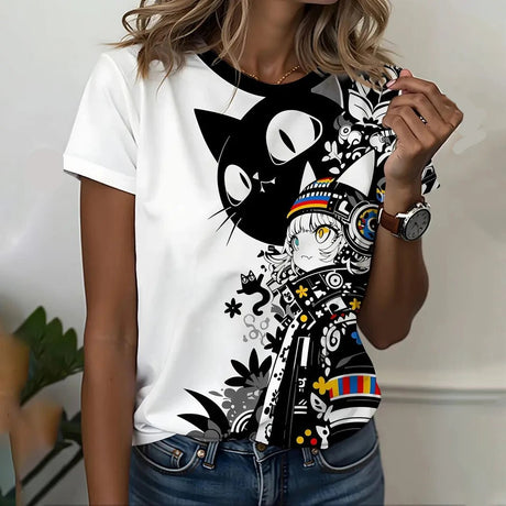 Women’s Cartoon Cat Oversized T-Shirt | by Anwer Fancy | Worldwide Shipping